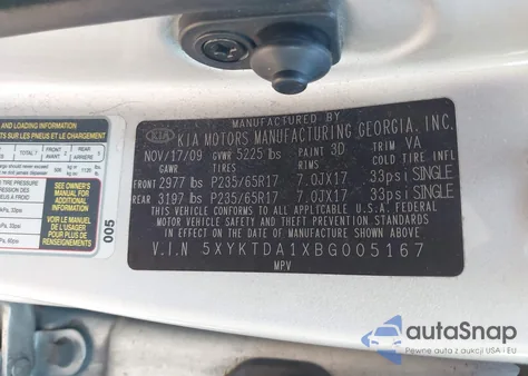 2011 Kia Sorento Lx из США, поврежденный, VIN 5XYKTDA1XBG005167